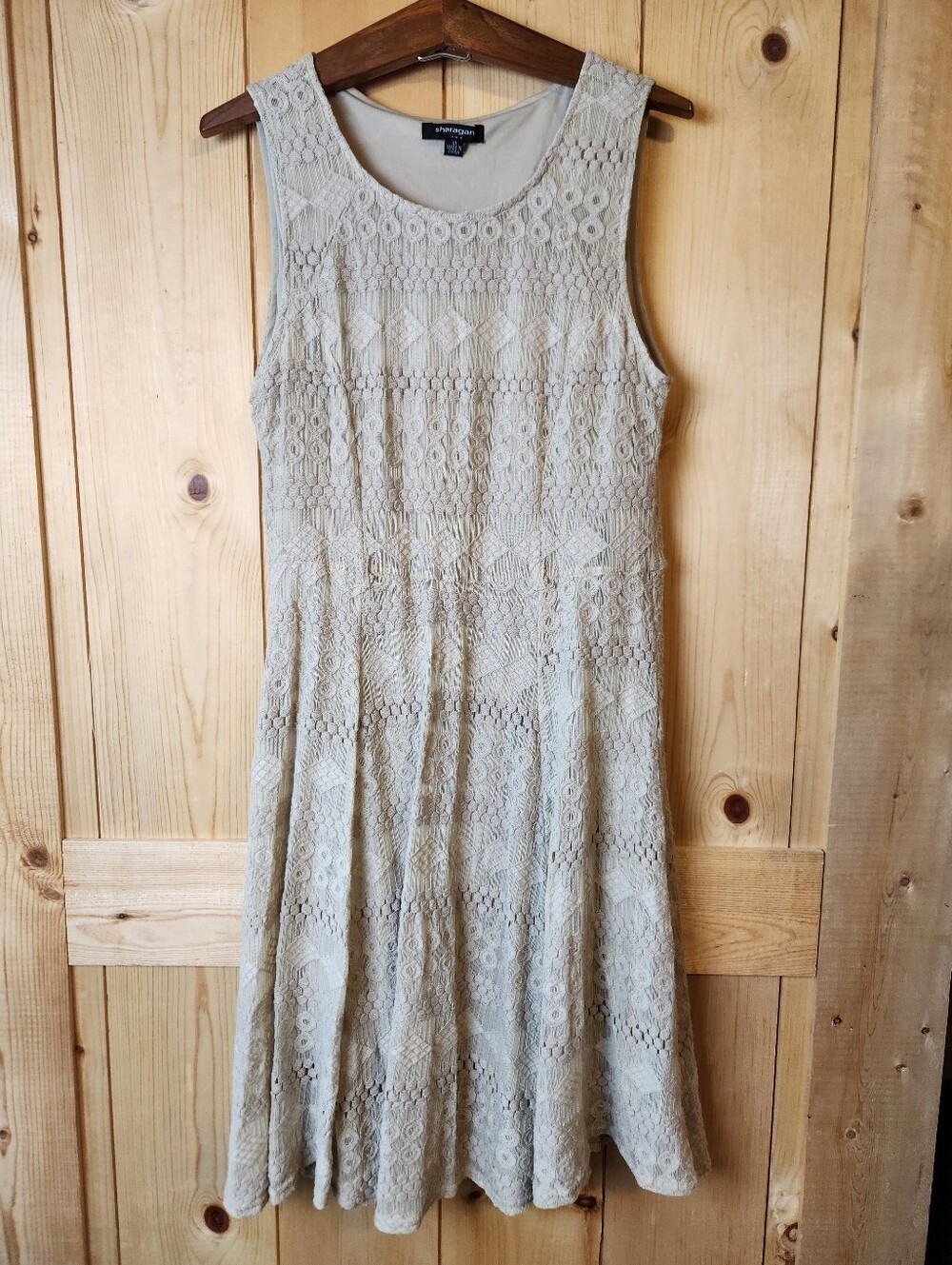 Vintage Sharagan Lace Overlay Crochet Lace Eyelet Fit and Flare Sleeveless Dress